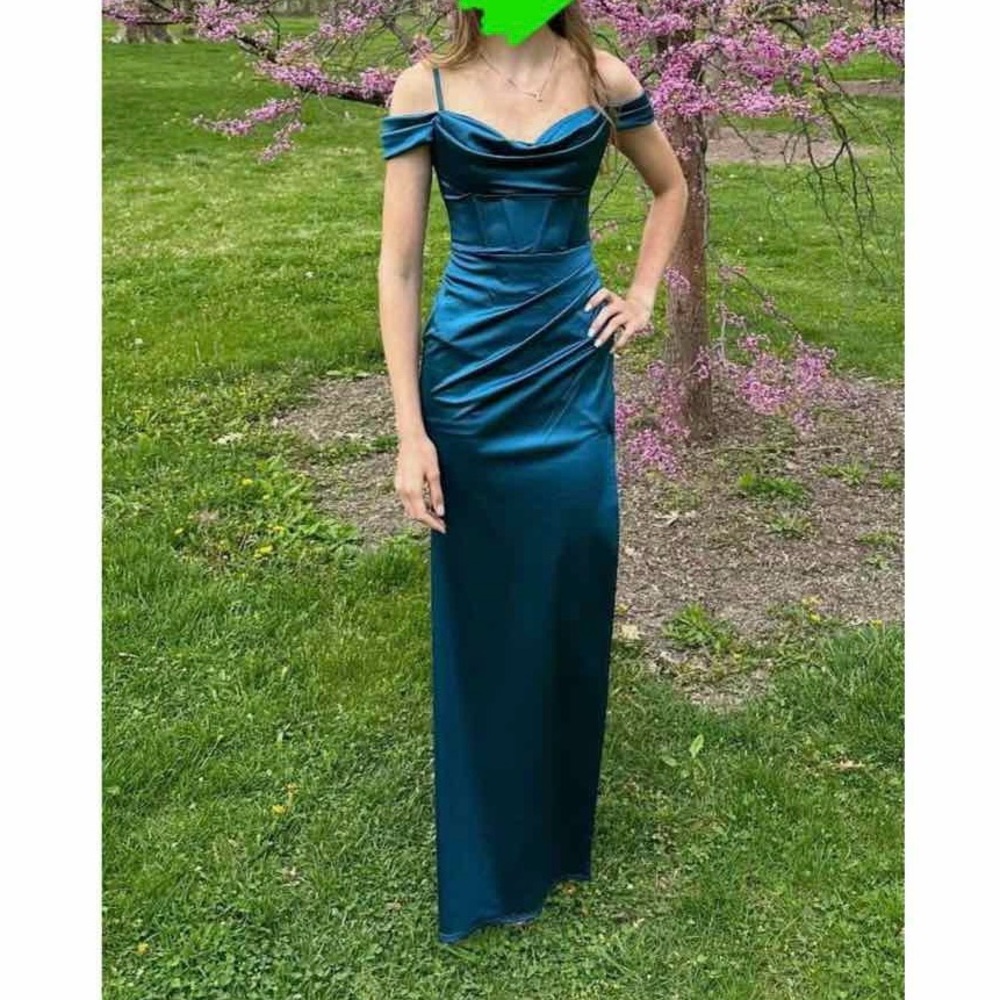 B Darlin Blue Off-Shoulder Gown